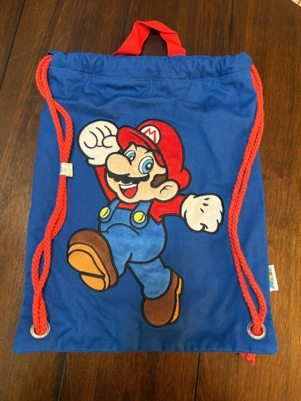Nintendo Super Mario Bros Blue Drawstring Bag with Red Accent